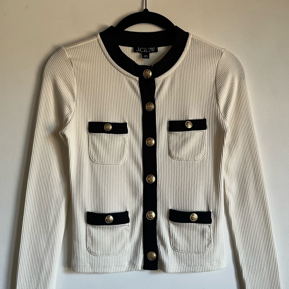 JCrew Vintage Rib Lady Jacket Cardigan XXS Ivory Black Gold Buttons $79.50 BW073 - Picture 3 of 13